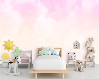 Papel tapiz de nubes con acuarela rosa suave: diseño de paisaje onírico autoadhesivo para cualquier habitación.