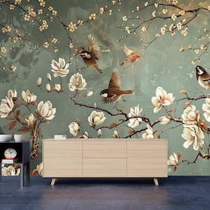 Carta da parati Chinoiserie Magnolia Flowers and Birds, poster murale staccabile e attaccabile, arte classica, soggiorno, camera da letto, poster da parete autoadesivo