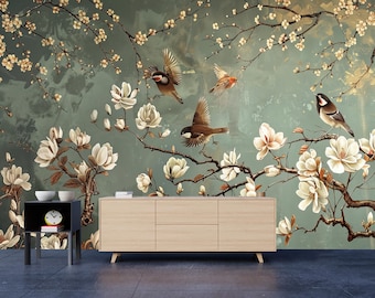 Chinoiserie Magnolia och fåglar Fototapet - Dra av och klistra