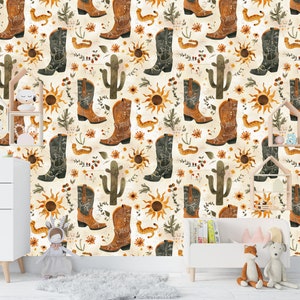 Beige Western Cowboy Decor Self Adhesive Wallpaper - Wild West Cowboy Theme in Boho Style Temporary Peel and Stick Wallpaper for Renters