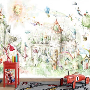 Enchanting Fairy Tale Town & Magic Tree Wall Mural - Handcrafted Wall Decor - Whimsical Kids Room Wallpaper Mural