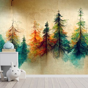 Watercolor Jungle Tree Wallpaper: Panoramic Peel and Stick