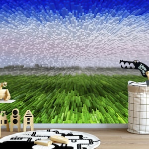 Pixel Art Wallpaper Mural: Green Brown Cubes, Gaming Room Decor (Peel and Stick)