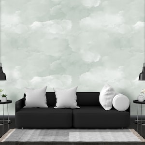 Cloud Mural Wallpaper - Light Sage Serene Sky Cloud Wallpaper - Soft Blue Background, Peaceful Cloud Pattern, Dreamy and Tranquil Wall Mural