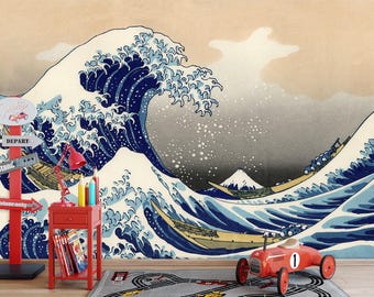 グレートウェーブ壁紙壁画：剥がして貼れるブルー - Etsy 日本