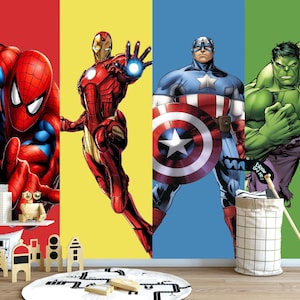 Papier peint pour chambre d'enfants sur le thème des super-héros | Hulk, Spiderman et Captain America | Papier peint non tissé amovible