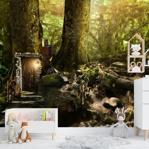 Adventure Forest Wallpaper Tree Houses Children's Room Mural Peel And Stick Tree Houses in the Forest Wallpaper