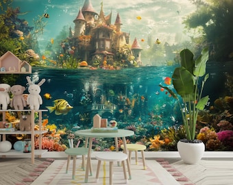 Enchanted Underwater Castle Wallpaper, Castle Decor Peel Stick - Nonwoven
