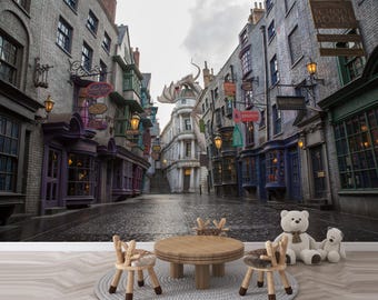 Wizarding Alley Mural, Magic Street Wallpaper, Kids Room Decor (Peel and Stick)