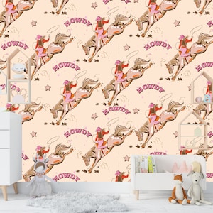 Carta da parati rimovibile stile cowboy western - Boho Wild West Cowboy con cavallo in stile vintage Carta da parati temporanea per affittuari