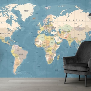 Fondo de pantalla de mapa del mundo con alto nivel de detalle, despegable y pegable - No tejido