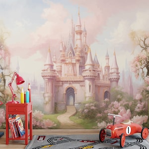 Carta da parati per bambini con motivo castello rosa della principessa, carta da parati per bambini con motivo castello della principessa da staccare e attaccare, carta da parati a tema castello del paese delle meraviglie, murale della principessa