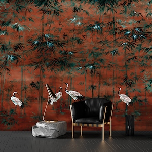 Carta da parati Chinoiserie con una radura di bambù e uccelli gru delicatamente disegnati ed eleganti