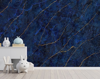 Blue Marble Wallpaper, Blue Gold Marble Wall Mural, Blue Abstract Removable Wallpaper