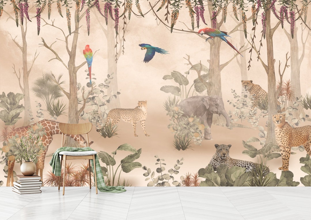 Kids Safari Jungle Animals Wallpaper , Peel and Stick Giraffe Nursery ...