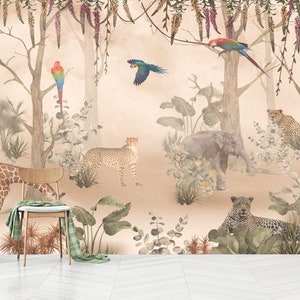 Kids Safari Jungle Animals Wallpaper , Peel and Stick Giraffe Nursery Mural , Kids Jungle Themed Wallpaper , Removable Baby Room Wallpaper