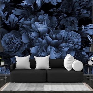 Floral Wallpaper, Vintage Flowers Peel and Stick Wall Mural, Blue Botanical Self Adhesive Removable Wallpaper