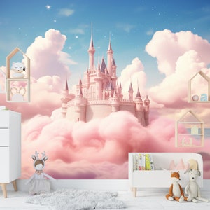 プリンセス キャッスル ピンクのバラ フェアリーランド 子供用 写真壁紙 モダンな壁飾り 女の子の赤ちゃんの部屋の装飾 壁画、プリンセス キャッスル 子供用壁紙