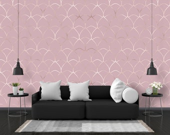 Carta da parati con motivo geometrico dorato e sfondo rosa, design a griglia lucida, arredamento per la casa, carta da parati rimovibile, stacca e attacca