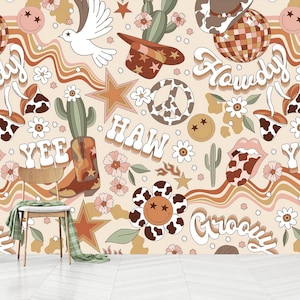 Carta da parati Howdy Girl Retro Western Cactus Peel and Stick, Boho Beige Woodland Rodeo e Nursery Children Neutral Vintage Wallpaper