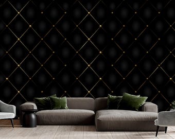 True Luxury Template with Gold Thread Wallpaper Peel and Stick Black and Gold, Art Deco Removable Wallpaper for Office