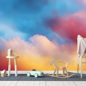 Abstract Cloud Wallpaper: Colorful Sunset Sky Print - Peel & Stick Nonwoven