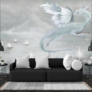 Dragon Wall Art Wallpaper, Blue Dragon Nursery Wallpaper For Girls Room, Self Adhesive Removable Wall Mural, Wallpaper Gifts for Girls