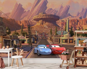 Cars Mcqueen and Sally Carrera Landscape Kids Wallpaper Peel and Stick Nonwoven