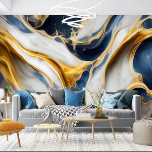 Gold, Blue, and White Marble Peel and Stick Wallpaper