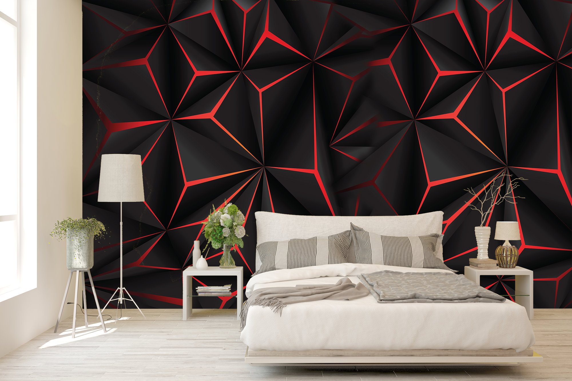 Abstract Triangle Wallpaper: Dark Geometric Red Lines, Home \u0026 Office - Etsy, image size:2000x1333