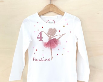 Children's birthday shirt, ballerina, glitter dancer design, for girls' 3rd, 4th, 5th, 6th, 7th, 8th birthdays, personalized with name, long-sleeved, short-sleeved, glittery tulle