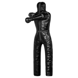 May include: Black leather training dummy with padded arms and legs. The dummy is standing upright with its arms crossed in front of its chest.