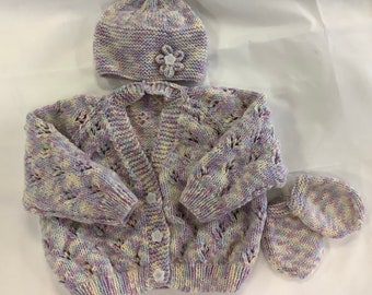 Baby girl knitted cardigan hat and bootees, lilac baby cardigan set, baby shower girl gift, 3 - 6 months baby cardigan, newborn baby gift