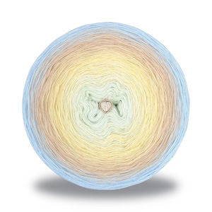 May include: A ball of yarn with a gradient of colors, including light blue, yellow, beige, and green. A heart-shaped charm is in the center. The yarn is likely for knitting or crocheting projects.