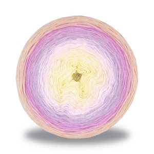 May include: A round ball of yarn with a gradient color scheme. The yarn transitions from a light beige to shades of pink, purple, and yellow in concentric circles. A small, gold-colored charm is at the center. Ideal for knitting and crochet projects.