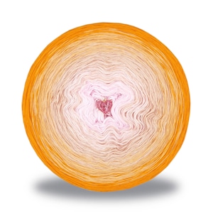 May include: A round ball of yarn with a gradient of colors, transitioning from a bright orange outer edge to a soft pink center. The yarn appears to be tightly wound, with a heart-shaped design in the center. The yarn is ideal for knitting and crochet projects.