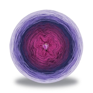 May include: A ball of yarn with a gradient of colors, transitioning from light purple to deep magenta. A small, heart-shaped charm is attached to the center. The yarn is tightly wound, creating a smooth, rounded shape. Ideal for knitting and crochet projects.