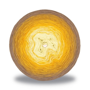 May include: A round ball of yarn with a gradient color scheme. The yarn transitions from a light cream center to shades of yellow, gold, and finally a brown outer edge. The yarn is likely used for knitting or crocheting projects.