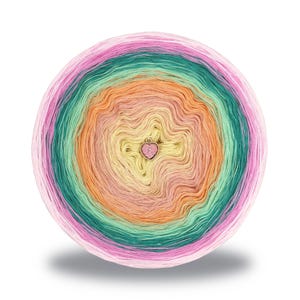 May include: A colorful yarn cake with a gradient of pink, green, orange, and yellow hues. A small, pink heart-shaped charm is attached to the center. This yarn is perfect for knitting and crochet projects.