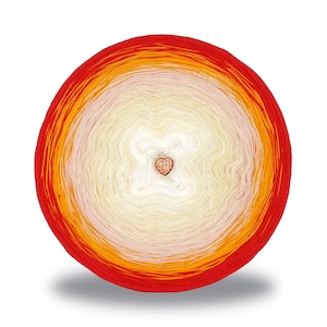 May include: A round ball of yarn with a gradient of colors, transitioning from red to orange, yellow, pink, and white in concentric circles. A small heart-shaped charm is in the center. This yarn is suitable for knitting and crochet projects.