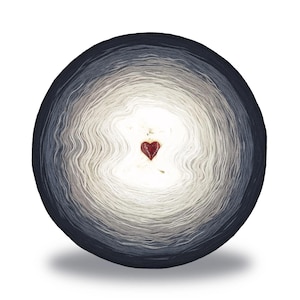 May include: A ball of yarn with a gradient of colors, transitioning from dark blue to white in the center. A small red heart is in the center of the ball of yarn. The yarn is likely for knitting or crocheting.