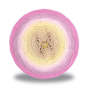 May include: A ball of yarn with a gradient of pink, yellow, and beige colors. The yarn is wound into a circle and has a small gold butterfly charm attached.