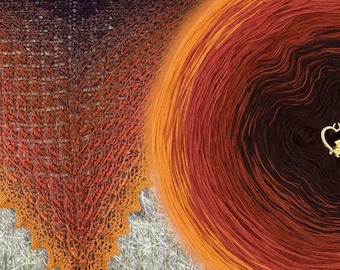 May include: A triangular knitted shawl with an ombre gradient transitioning from dark brown to vibrant orange, paired with a matching circular yarn cake. The text W Tańcu z Nitkami Forsycja (Wzór własny) is visible in the bottom left corner.