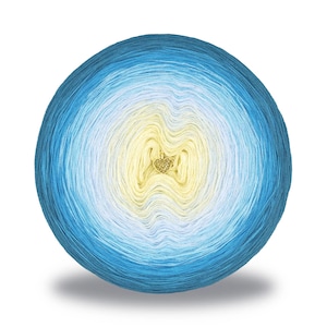 May include: A ball of yarn with a gradient of colors, transitioning from a deep blue to a light yellow center. A gold heart-shaped charm is attached to the yarn. The yarn is likely for knitting or crochet projects.