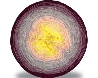 May include: A round ball of yarn with a gradient of colors, including burgundy, gray, peach, and yellow. A gold heart-shaped charm is in the center. This yarn is suitable for knitting and crochet projects.