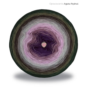 May include: A skein of gradient yarn in shades of green, brown, gray, and purple, with a heart-shaped charm at the center. The yarn is arranged in a circular pattern, creating a visually appealing design. The text "Opracowanie: Agata Pędraś" is at the top.