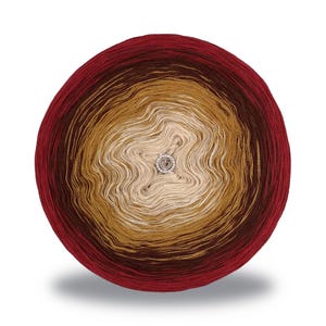 May include: A skein of yarn with a gradient of red, brown, beige, and white colors. The yarn is wound into a circular shape.