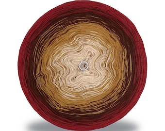May include: A skein of yarn with a gradient of red, brown, beige, and white colors. The yarn is wound into a circular shape.