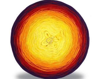 May include: A ball of yarn with a gradient of colors from purple to orange to yellow. The yarn is wound into a ball shape and is ready to be used for knitting or crocheting.