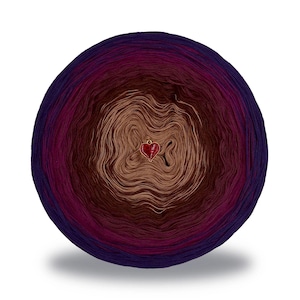 May include: A large ball of yarn with a gradient of colors, transitioning from deep purple to brown. A small red heart-shaped charm is attached to the center. The yarn is likely for knitting or crochet projects.